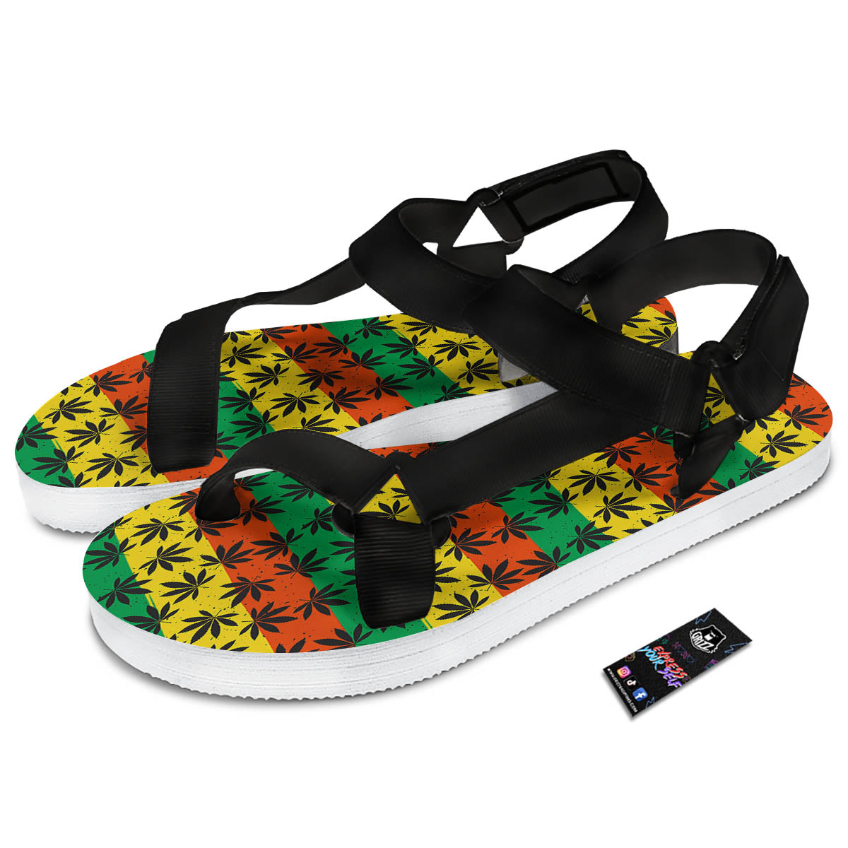 Reggae Hemp Leaves Classic Print Pattern Black Open Toe Sandals-grizzshop