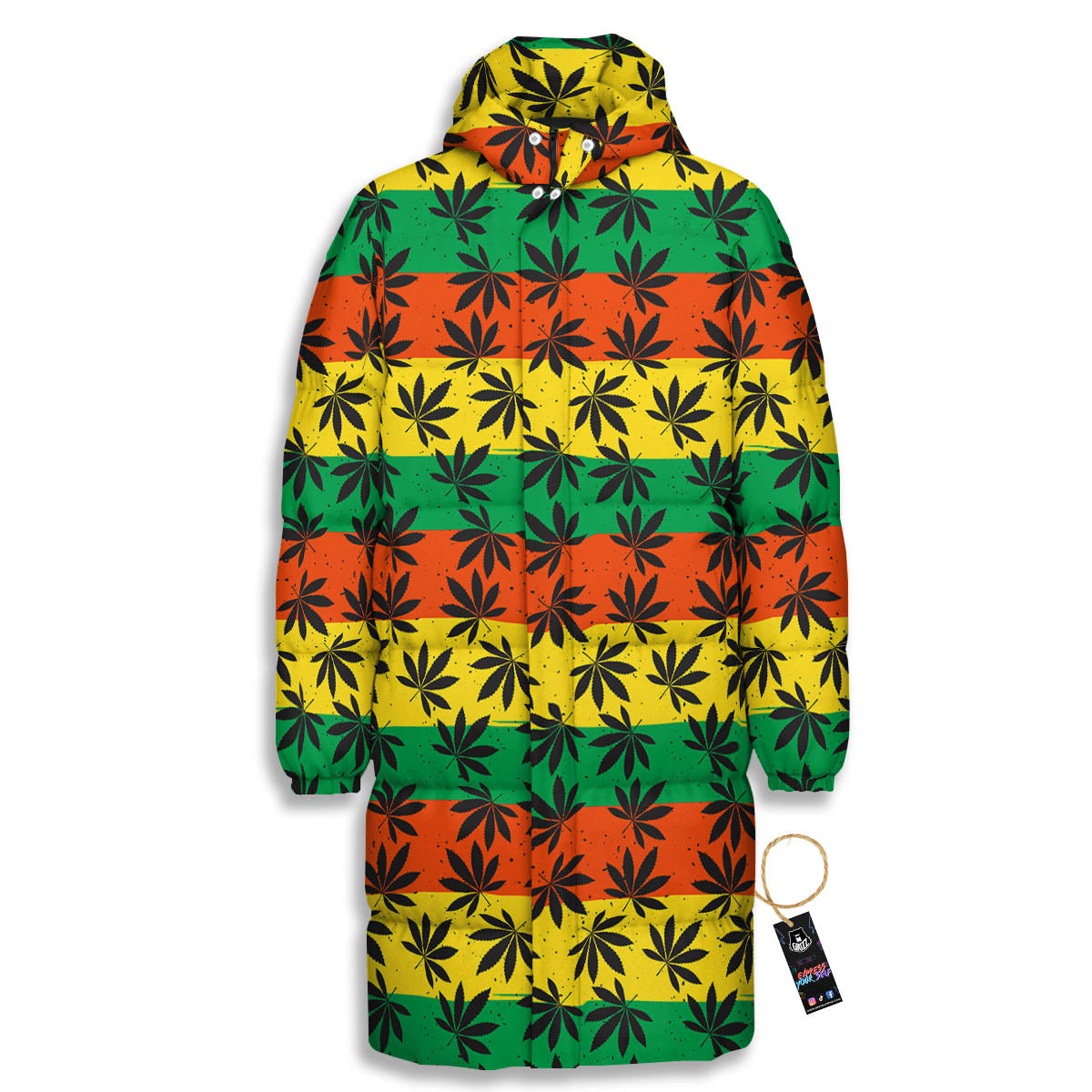 Reggae Hemp Leaves Classic Print Pattern Long Down Jacket-grizzshop