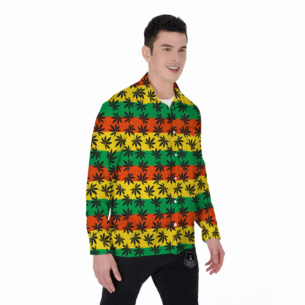 Reggae Hemp Leaves Classic Print Pattern Men's Long Sleeve Shirts-grizzshop