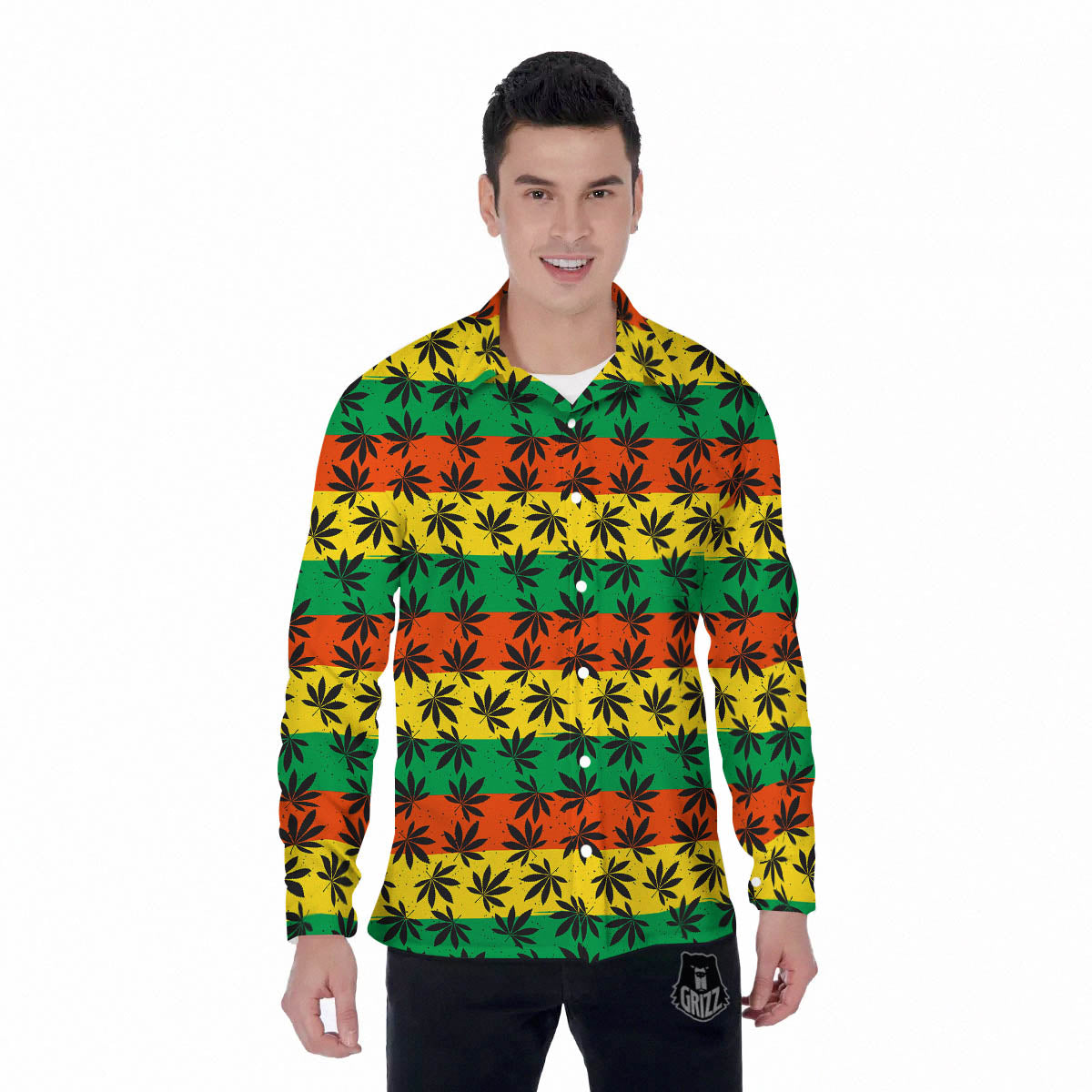 Reggae Hemp Leaves Classic Print Pattern Men's Long Sleeve Shirts-grizzshop