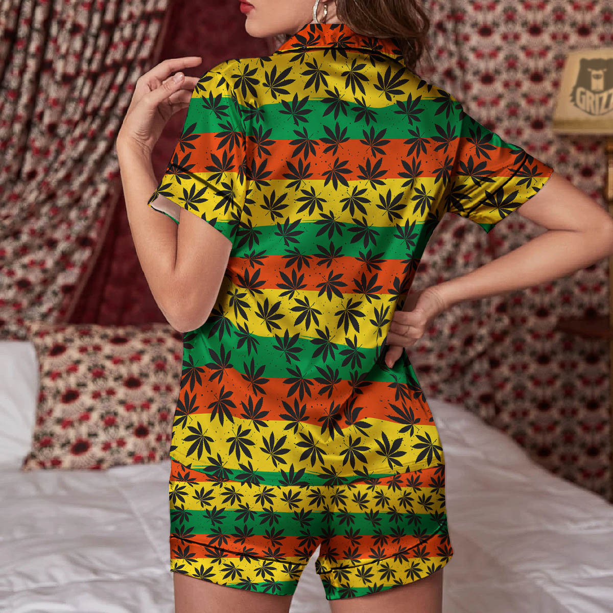 Reggae Hemp Leaves Classic Print Pattern Women Silk Pajamas-grizzshop