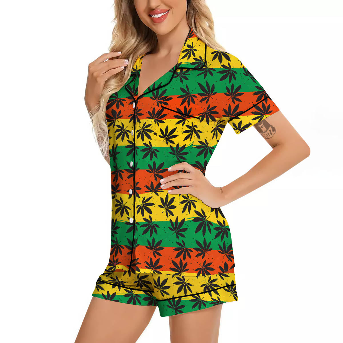 Reggae Hemp Leaves Classic Print Pattern Women Silk Pajamas-grizzshop