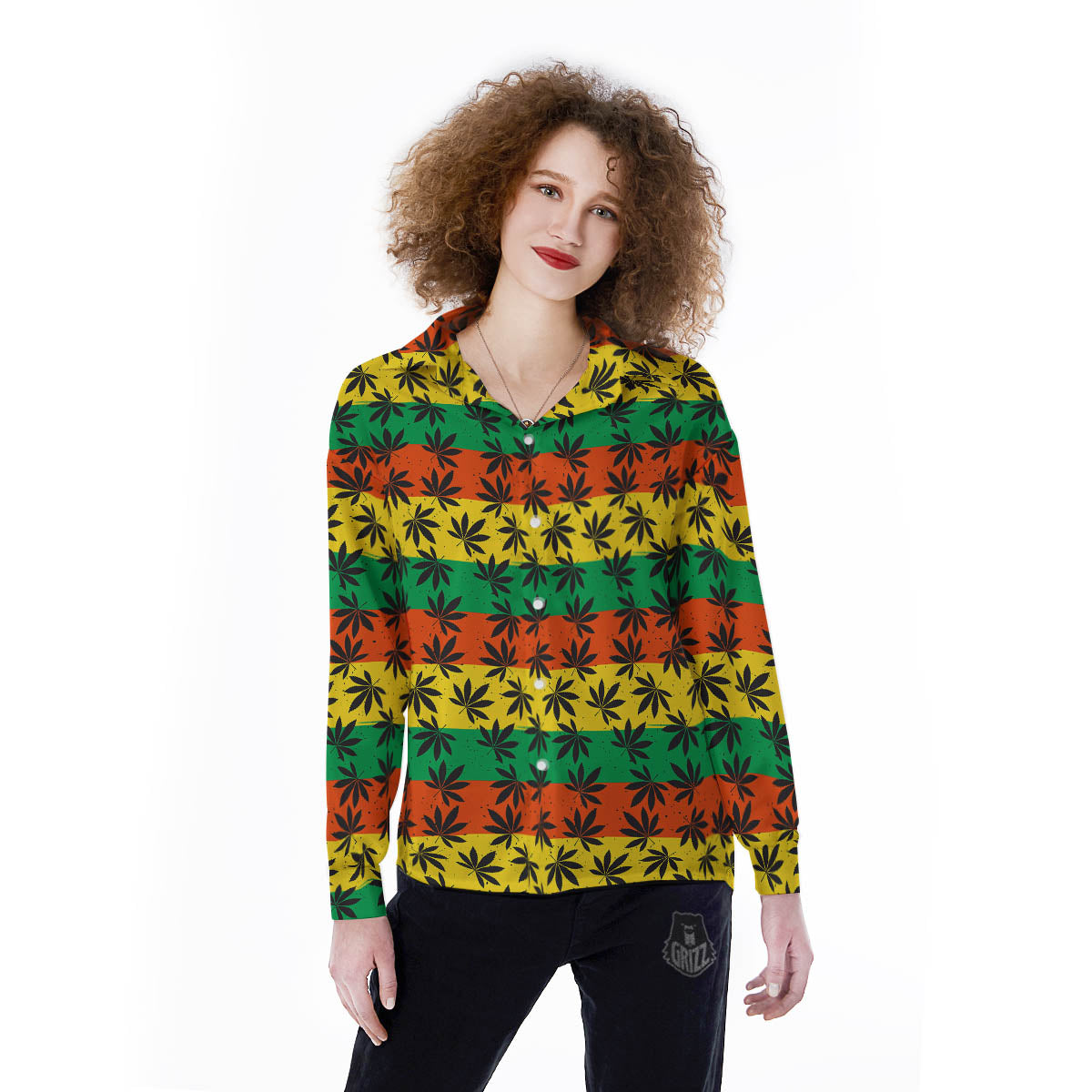 Reggae Hemp Leaves Classic Print Pattern Women's Long Sleeve Shirts-grizzshop