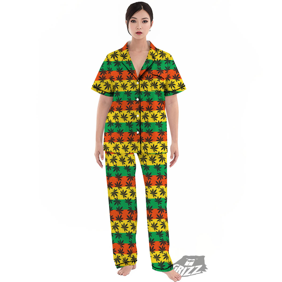 Reggae Hemp Leaves Classic Print Pattern Women's Pajamas Set-grizzshop
