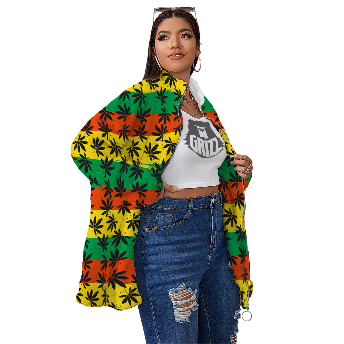 Reggae Hemp Leaves Classic Print Pattern Women's Sherpa Jacket-grizzshop