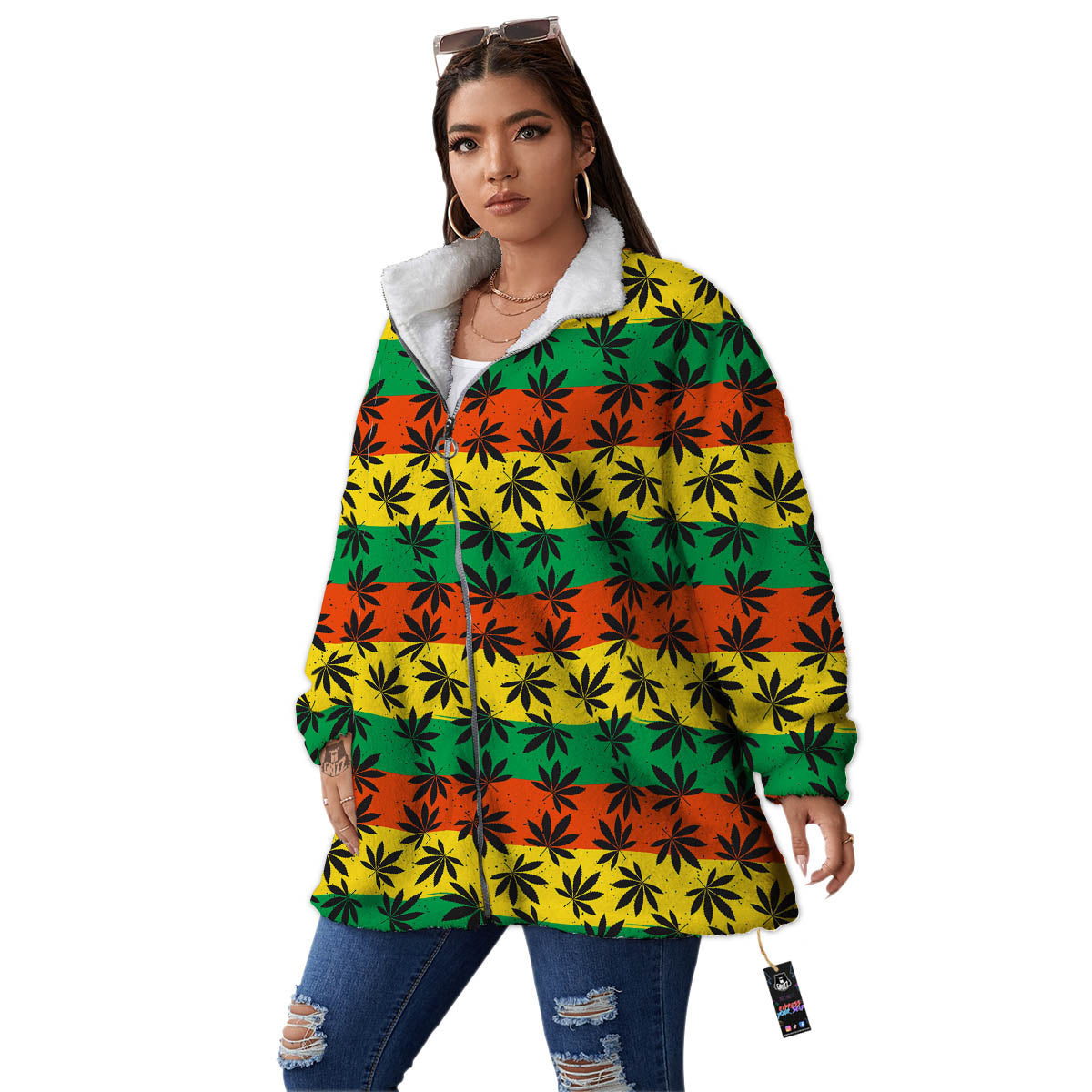 Reggae Hemp Leaves Classic Print Pattern Women's Sherpa Jacket-grizzshop