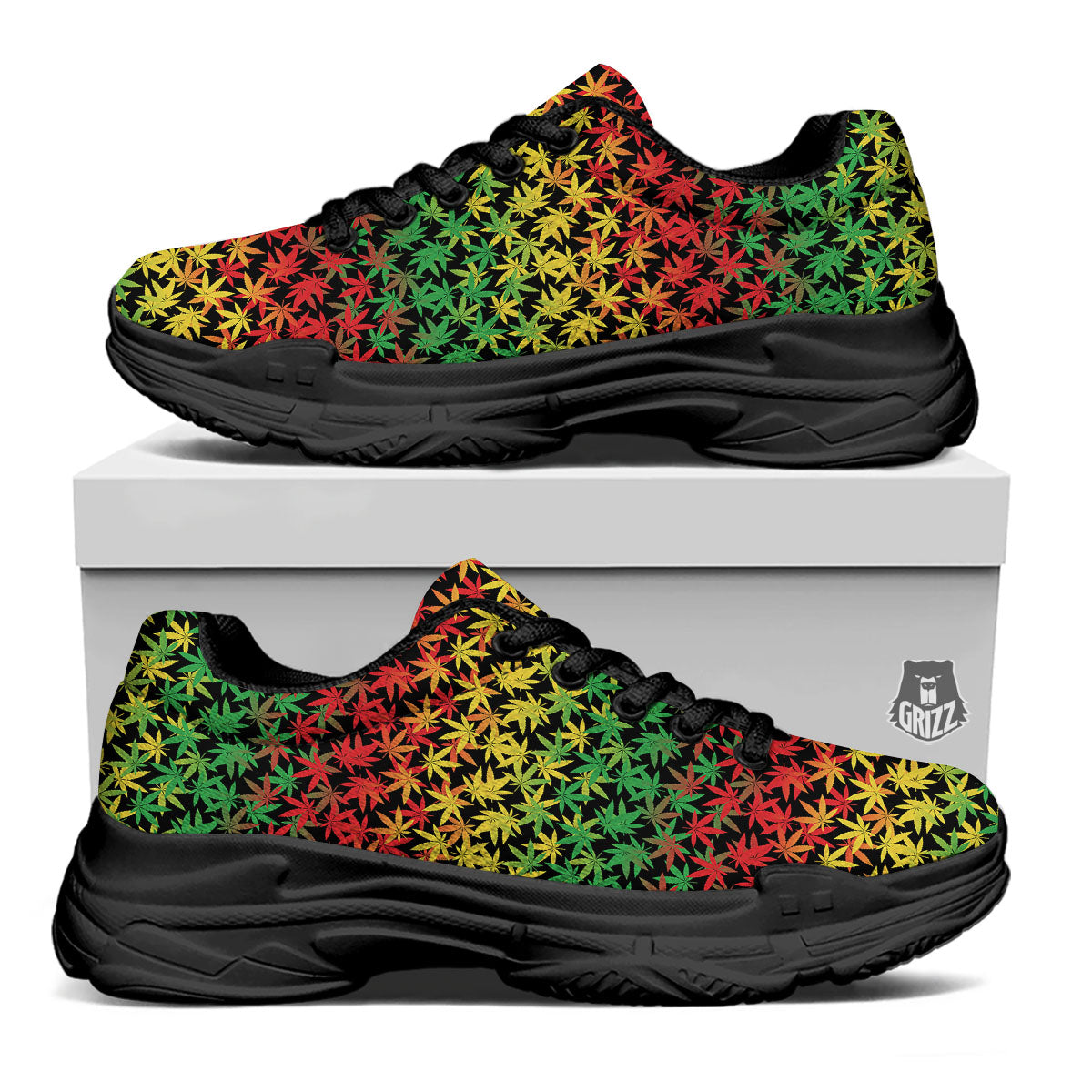 Reggae Hemp Leaves Print Pattern Black Chunky Shoes-grizzshop