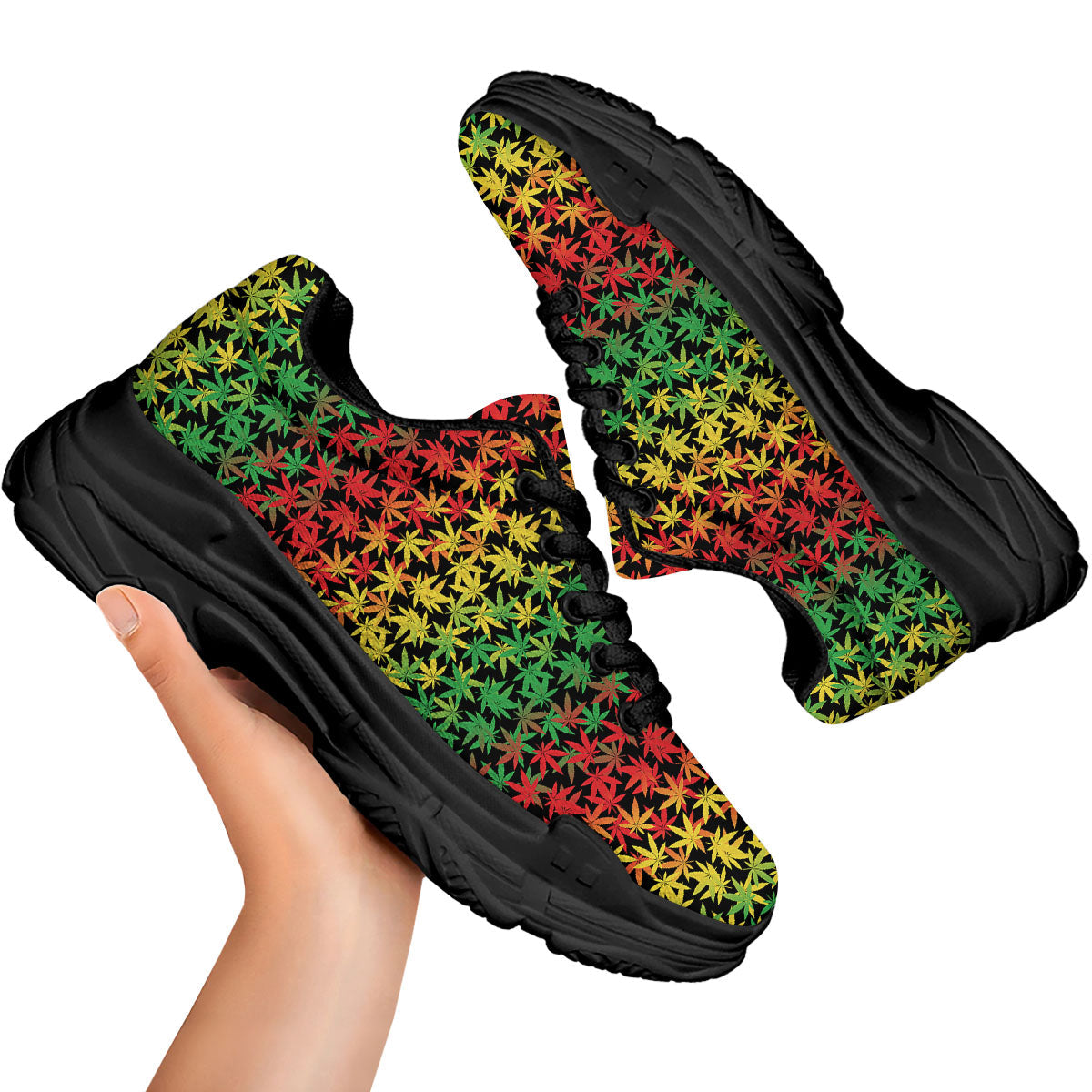 Reggae Hemp Leaves Print Pattern Black Chunky Shoes-grizzshop