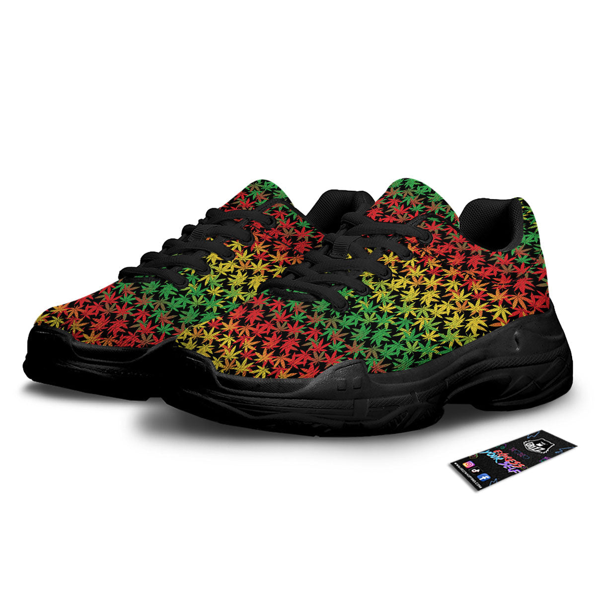 Reggae Hemp Leaves Print Pattern Black Chunky Shoes-grizzshop