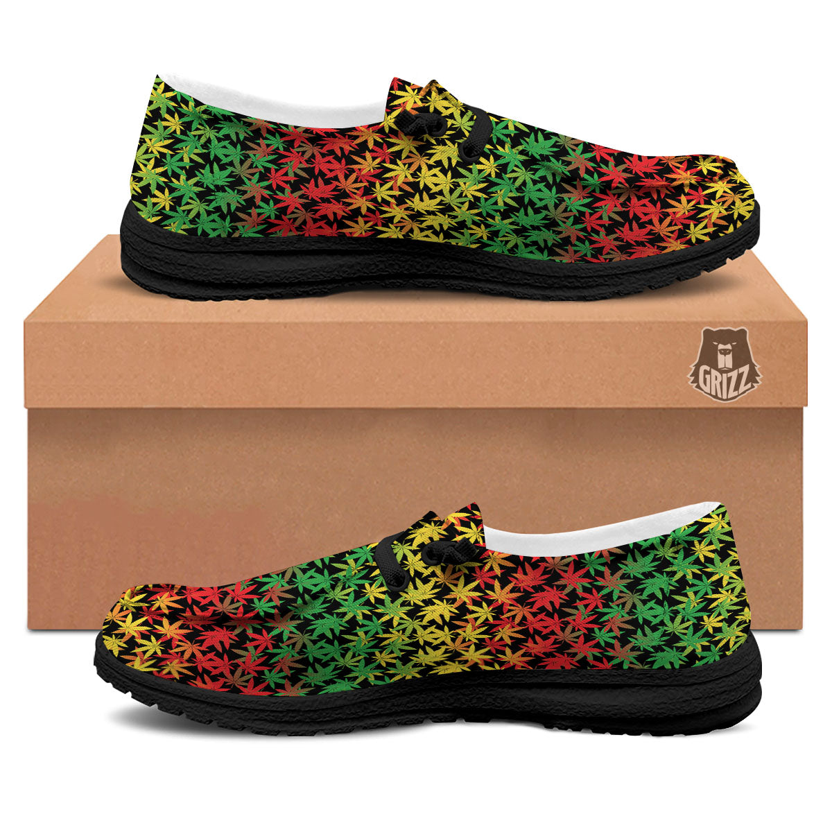 Reggae Hemp Leaves Print Pattern Black Loafers-grizzshop