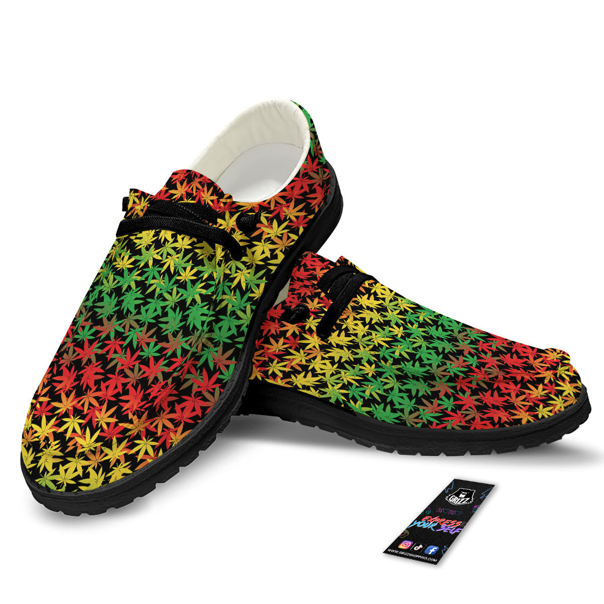 Reggae Hemp Leaves Print Pattern Black Loafers-grizzshop