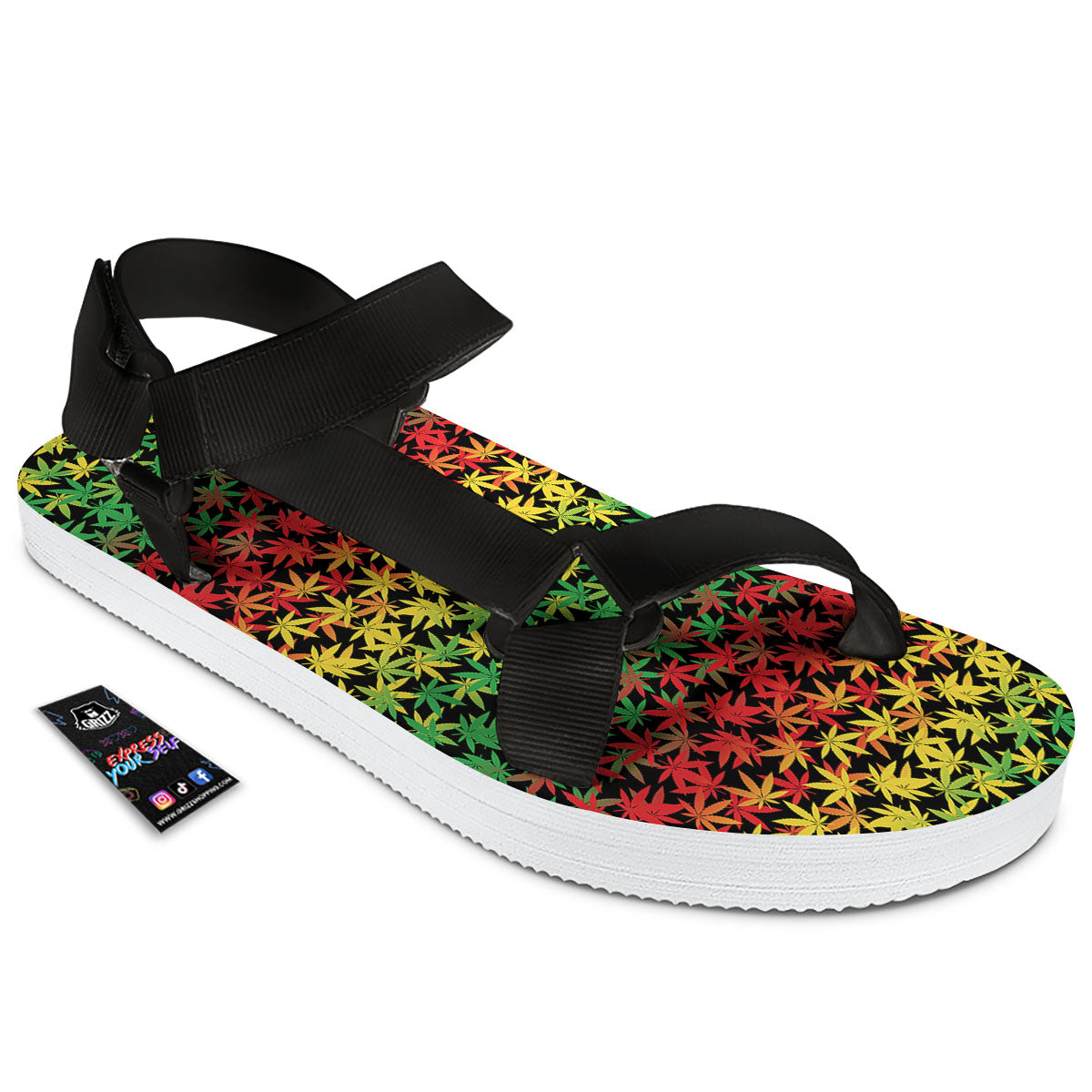 Reggae Hemp Leaves Print Pattern Black Open Toe Sandals-grizzshop