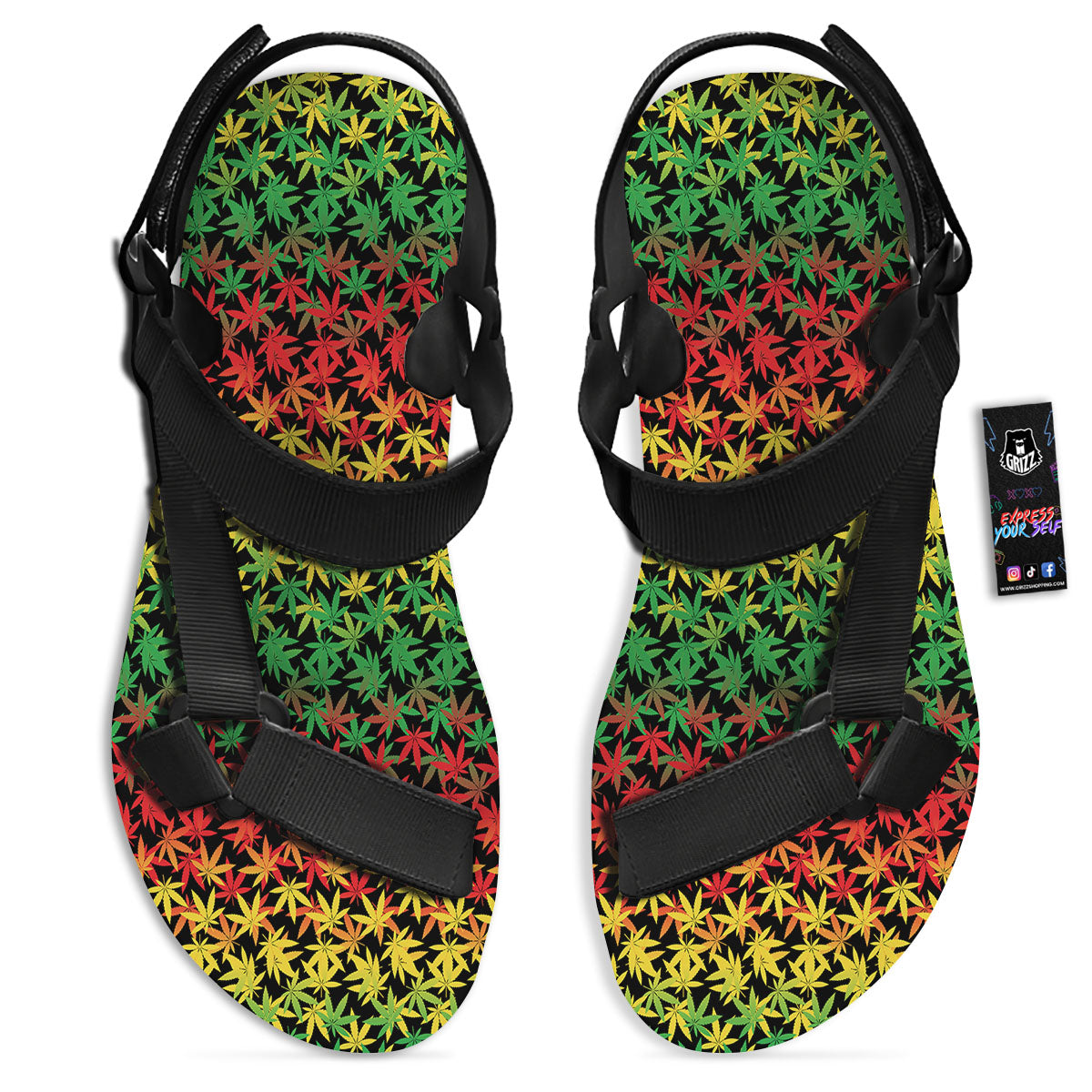 Reggae Hemp Leaves Print Pattern Black Open Toe Sandals-grizzshop