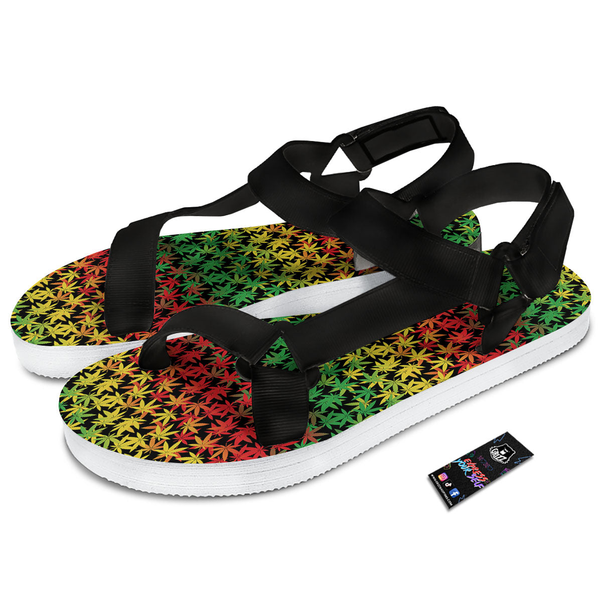 Reggae Hemp Leaves Print Pattern Black Open Toe Sandals-grizzshop