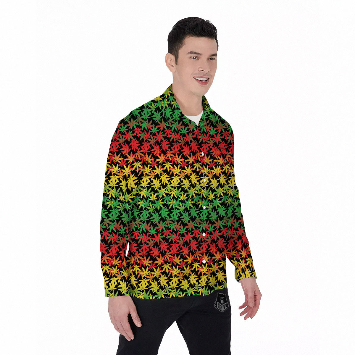 Reggae Hemp Leaves Print Pattern Men's Long Sleeve Shirts-grizzshop
