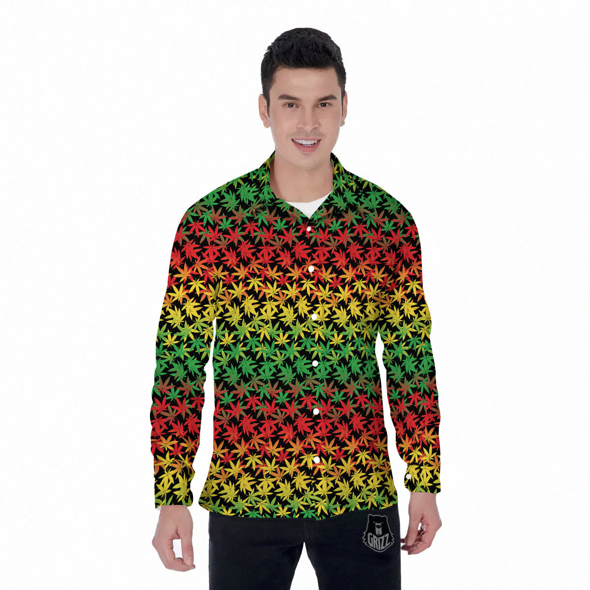 Reggae Hemp Leaves Print Pattern Men's Long Sleeve Shirts-grizzshop