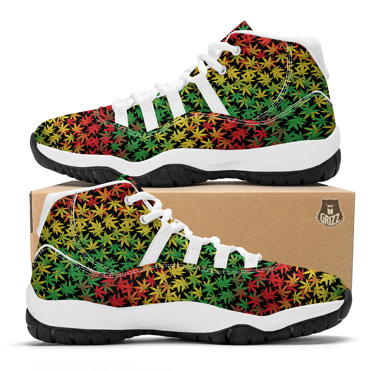 Reggae Hemp Leaves Print Pattern White Bball Shoes-grizzshop