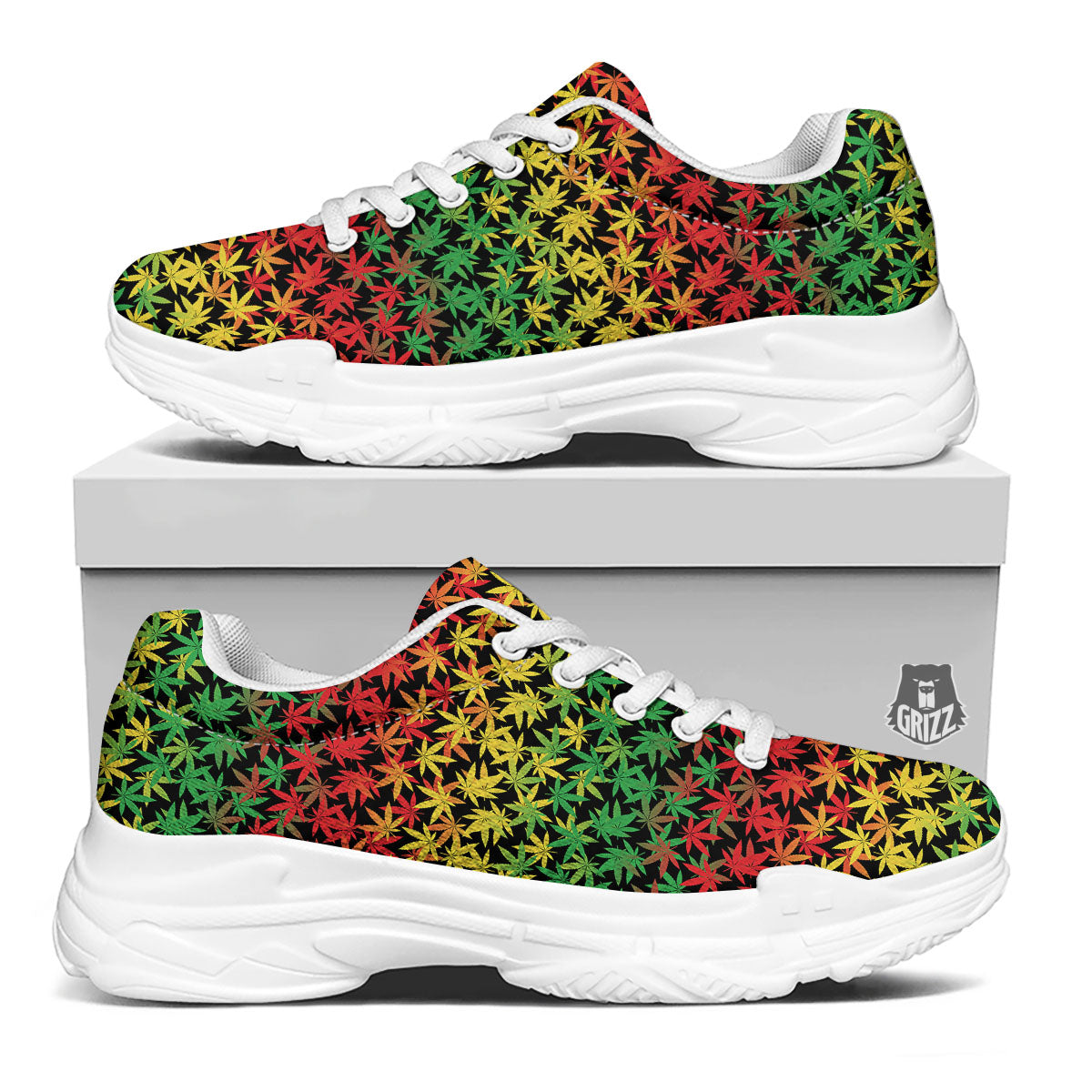 Reggae Hemp Leaves Print Pattern White Chunky Shoes-grizzshop