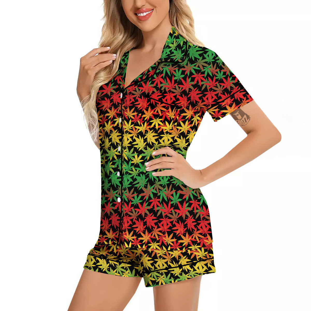 Reggae Hemp Leaves Print Pattern Women Silk Pajamas-grizzshop