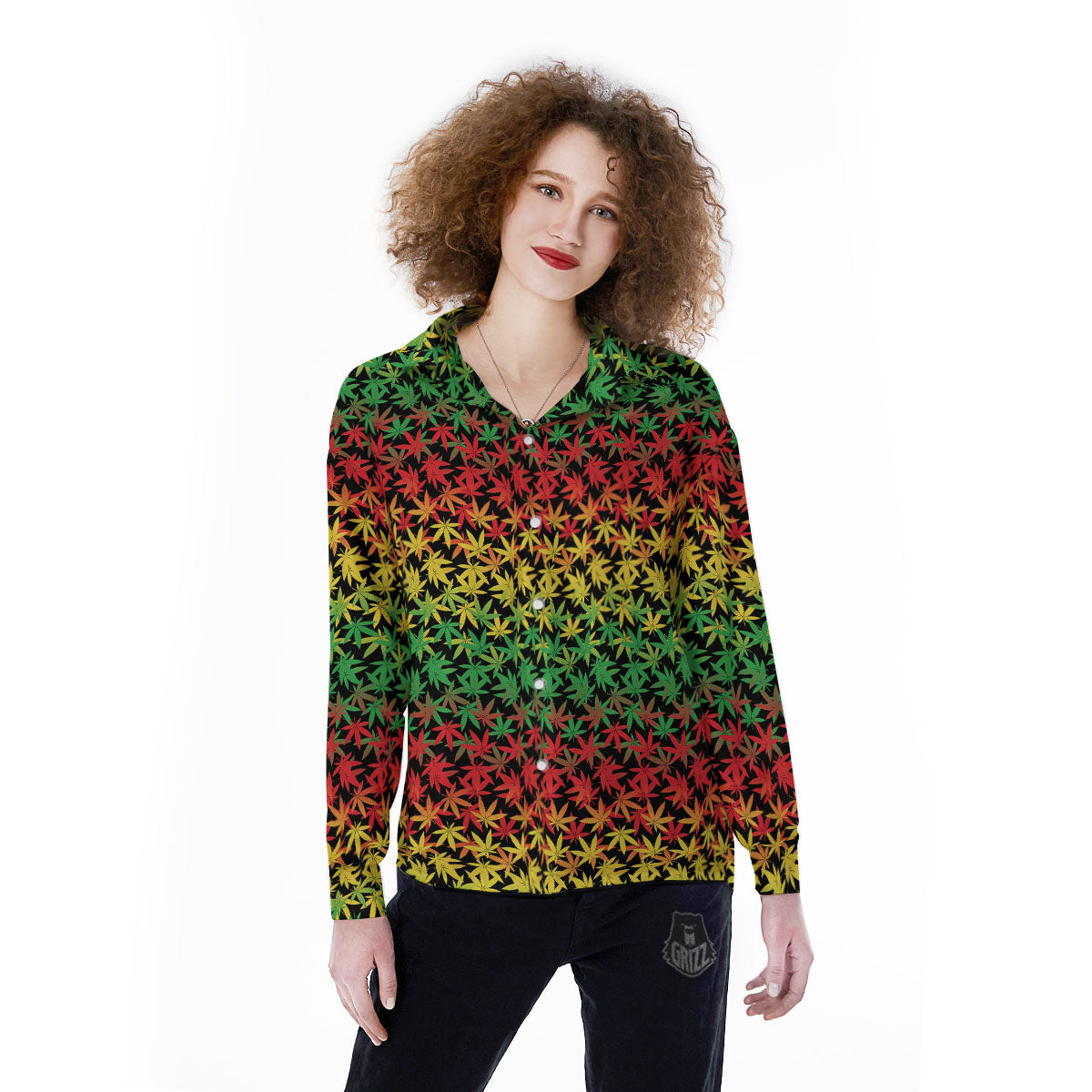 Reggae Hemp Leaves Print Pattern Women's Long Sleeve Shirts-grizzshop