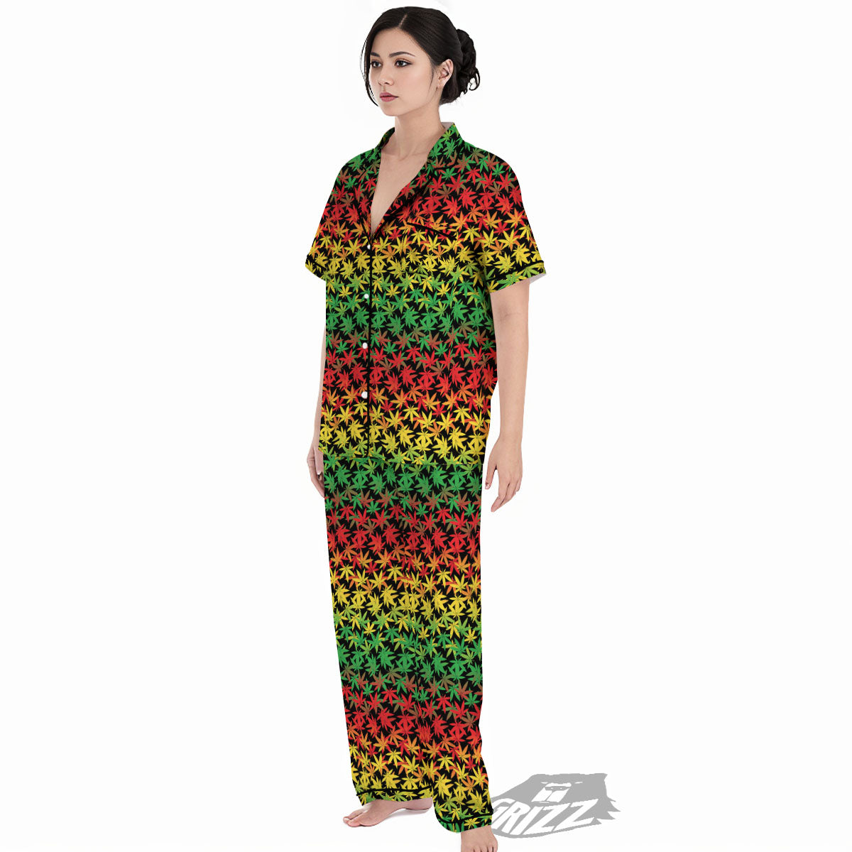 Reggae Hemp Leaves Print Pattern Women's Pajamas Set-grizzshop