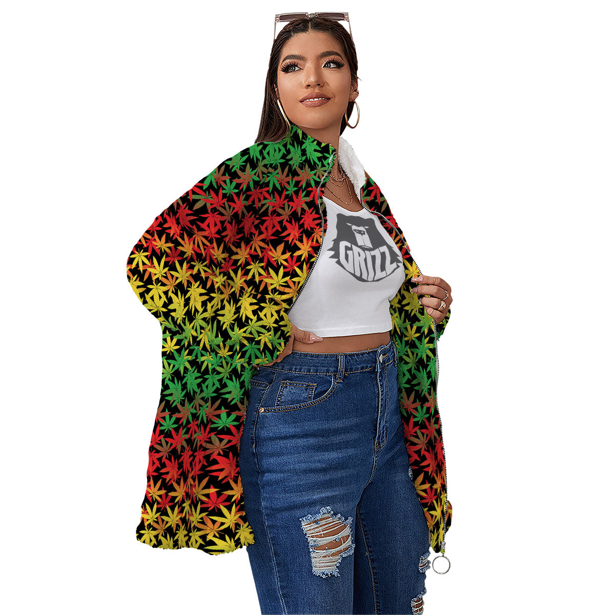 Reggae Hemp Leaves Print Pattern Women's Sherpa Jacket-grizzshop