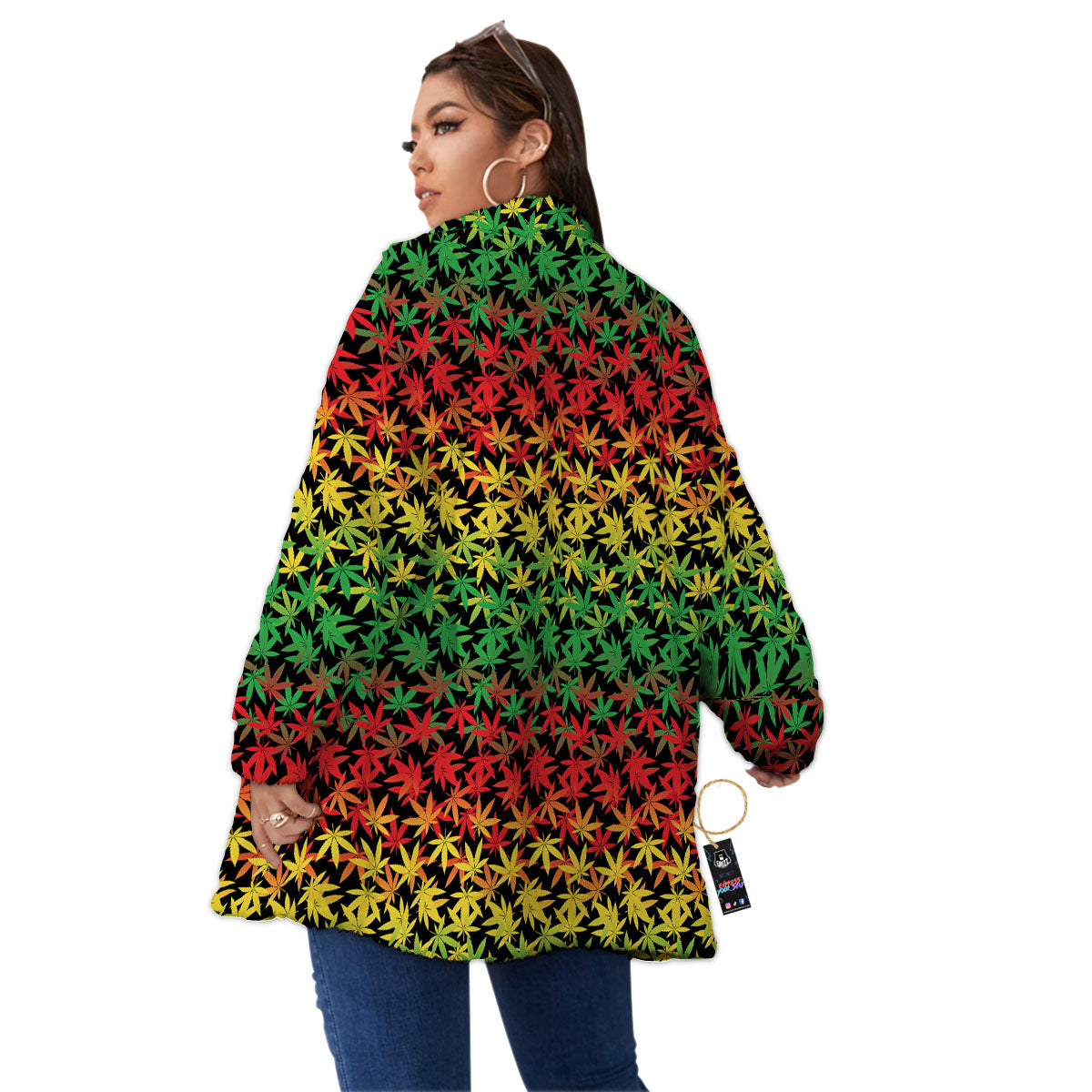 Reggae Hemp Leaves Print Pattern Women's Sherpa Jacket-grizzshop
