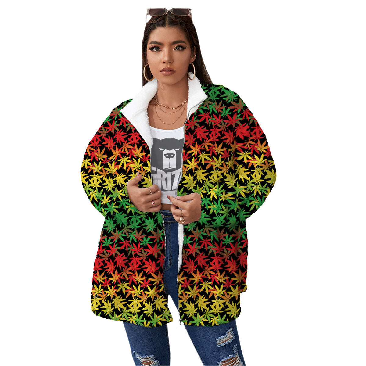 Reggae Hemp Leaves Print Pattern Women's Sherpa Jacket-grizzshop