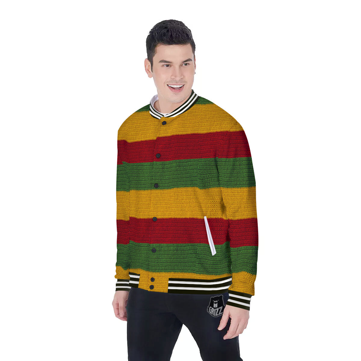 Reggae Knitted Print Pattern Baseball Jacket-grizzshop