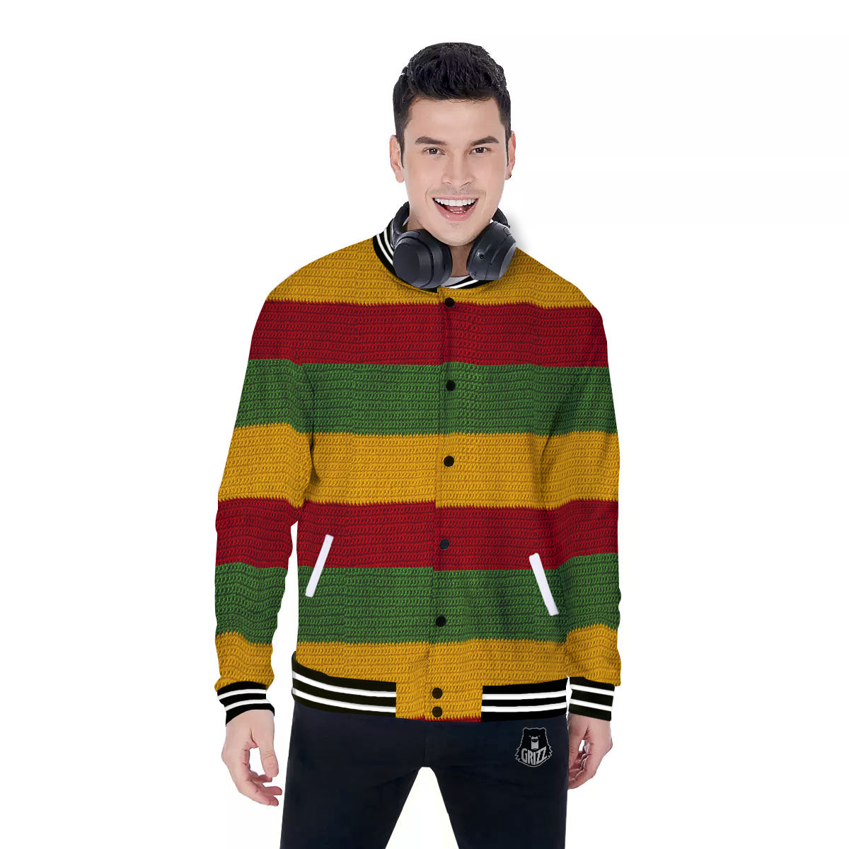 Reggae Knitted Print Pattern Baseball Jacket-grizzshop