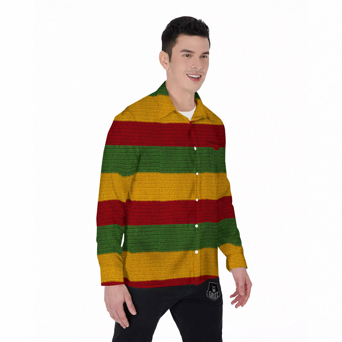 Reggae Knitted Print Pattern Men's Long Sleeve Shirts-grizzshop