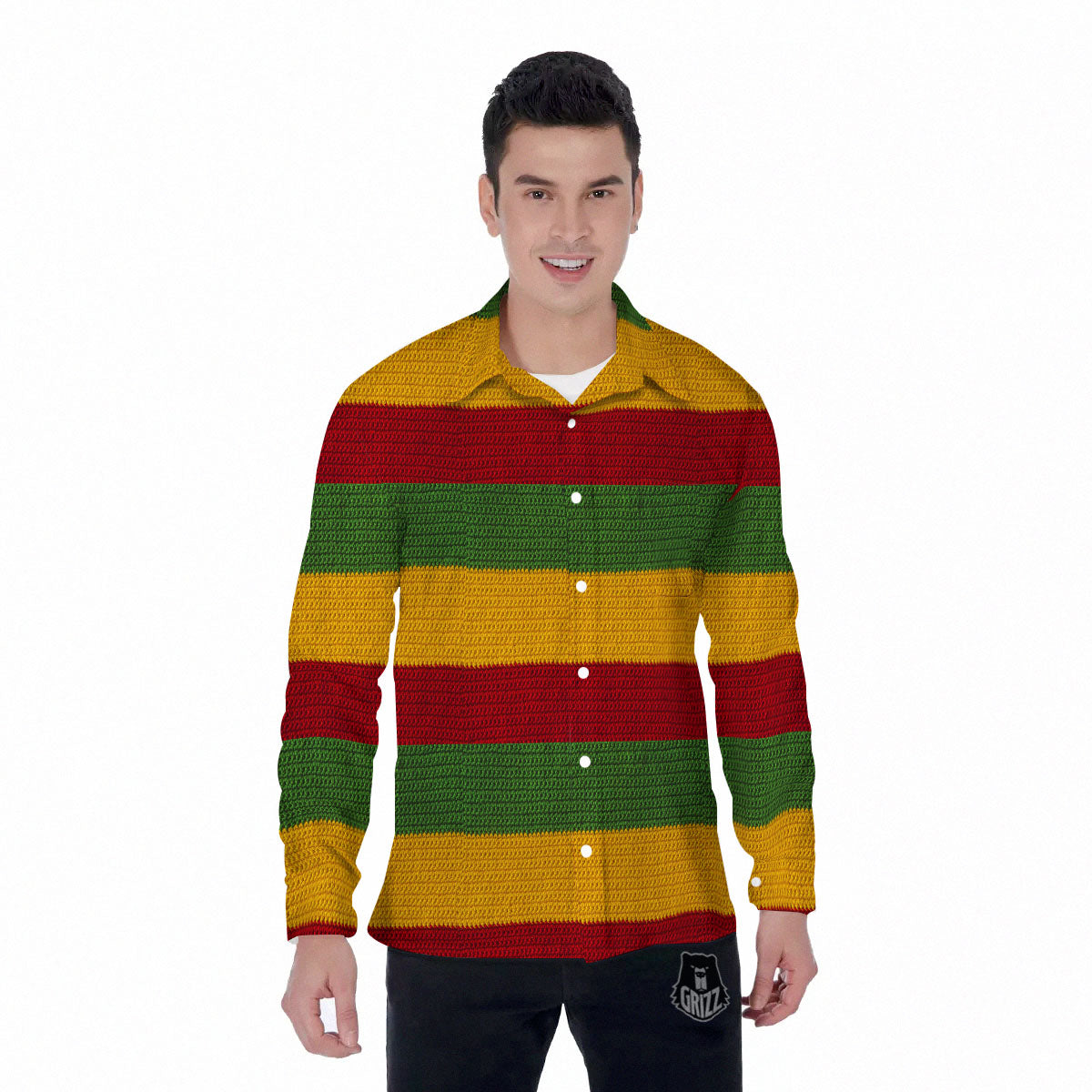 Reggae Knitted Print Pattern Men's Long Sleeve Shirts-grizzshop