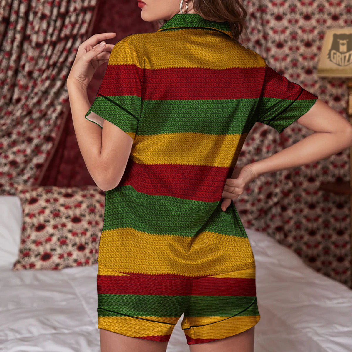 Reggae Knitted Print Pattern Women Silk Pajamas-grizzshop