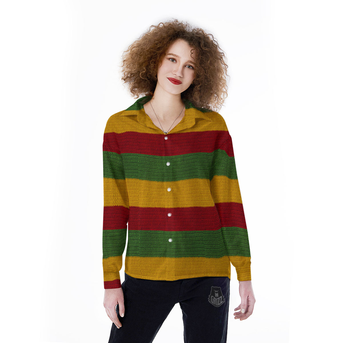 Reggae Knitted Print Pattern Women's Long Sleeve Shirts-grizzshop