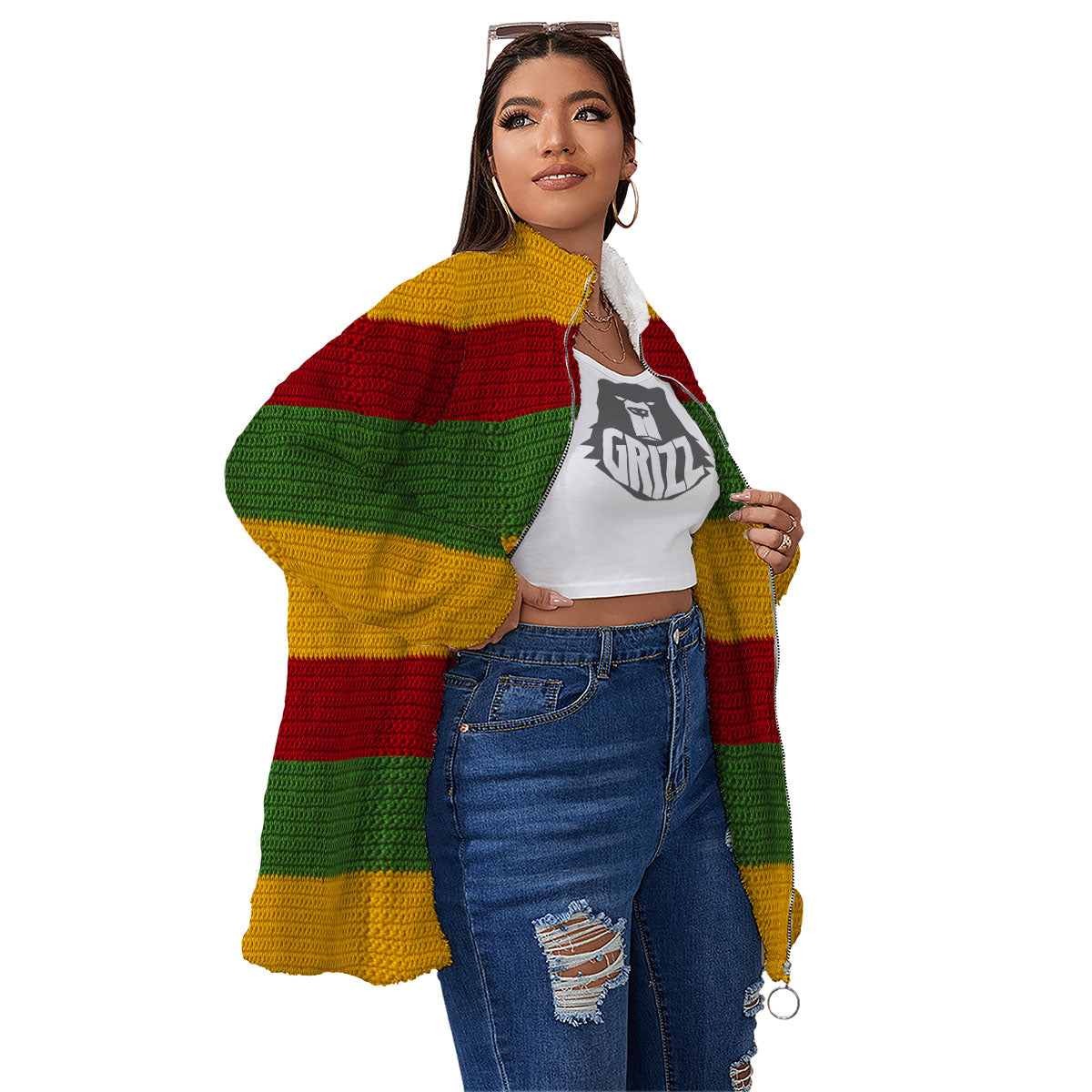 Reggae Knitted Print Pattern Women's Sherpa Jacket-grizzshop