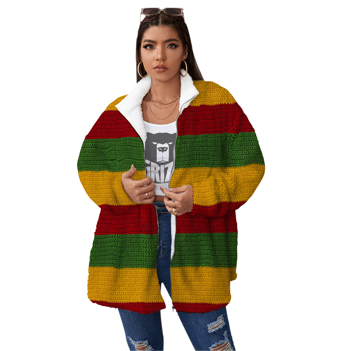 Reggae Knitted Print Pattern Women's Sherpa Jacket-grizzshop