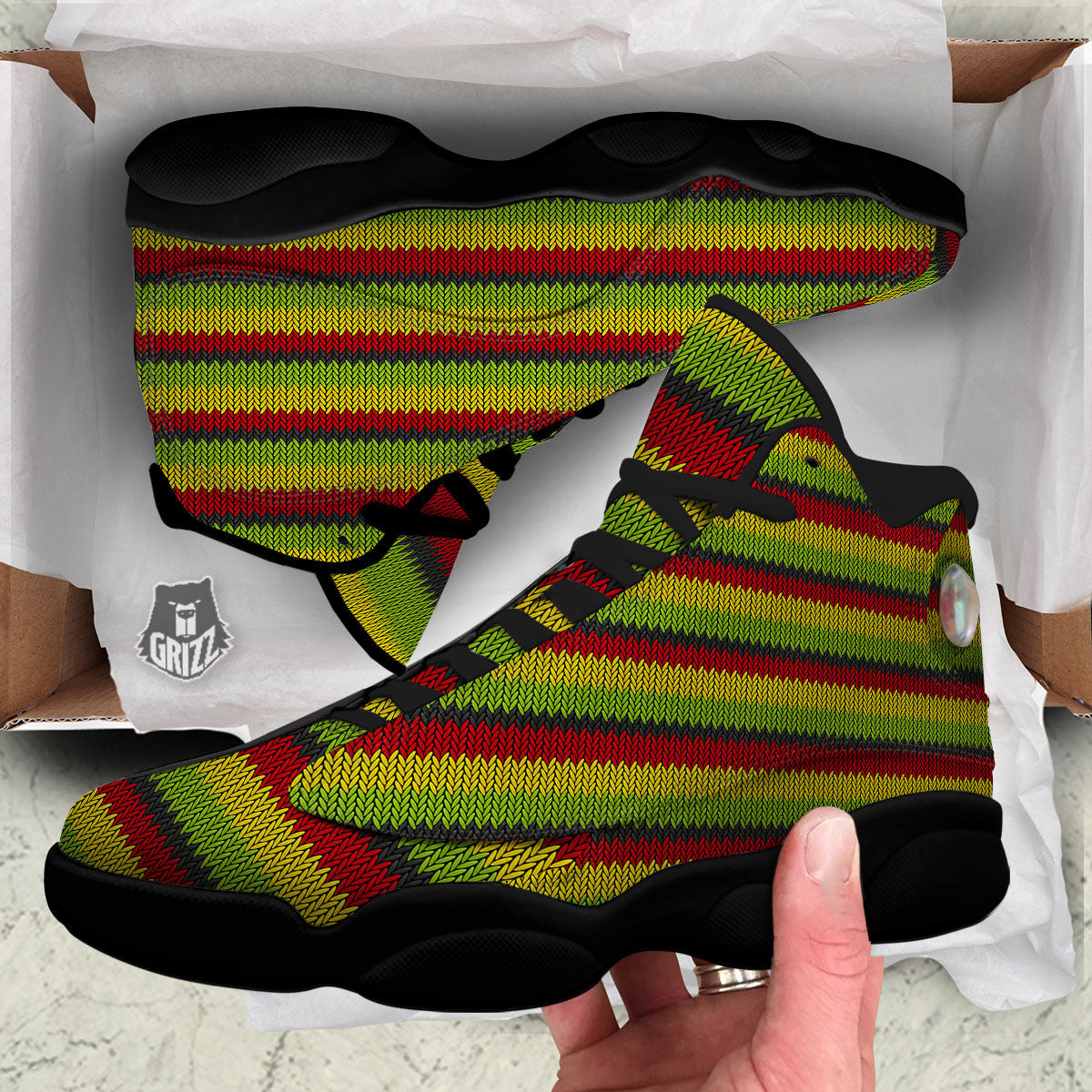 Reggae Knitted Style Print Pattern Black Basketball Shoes-grizzshop