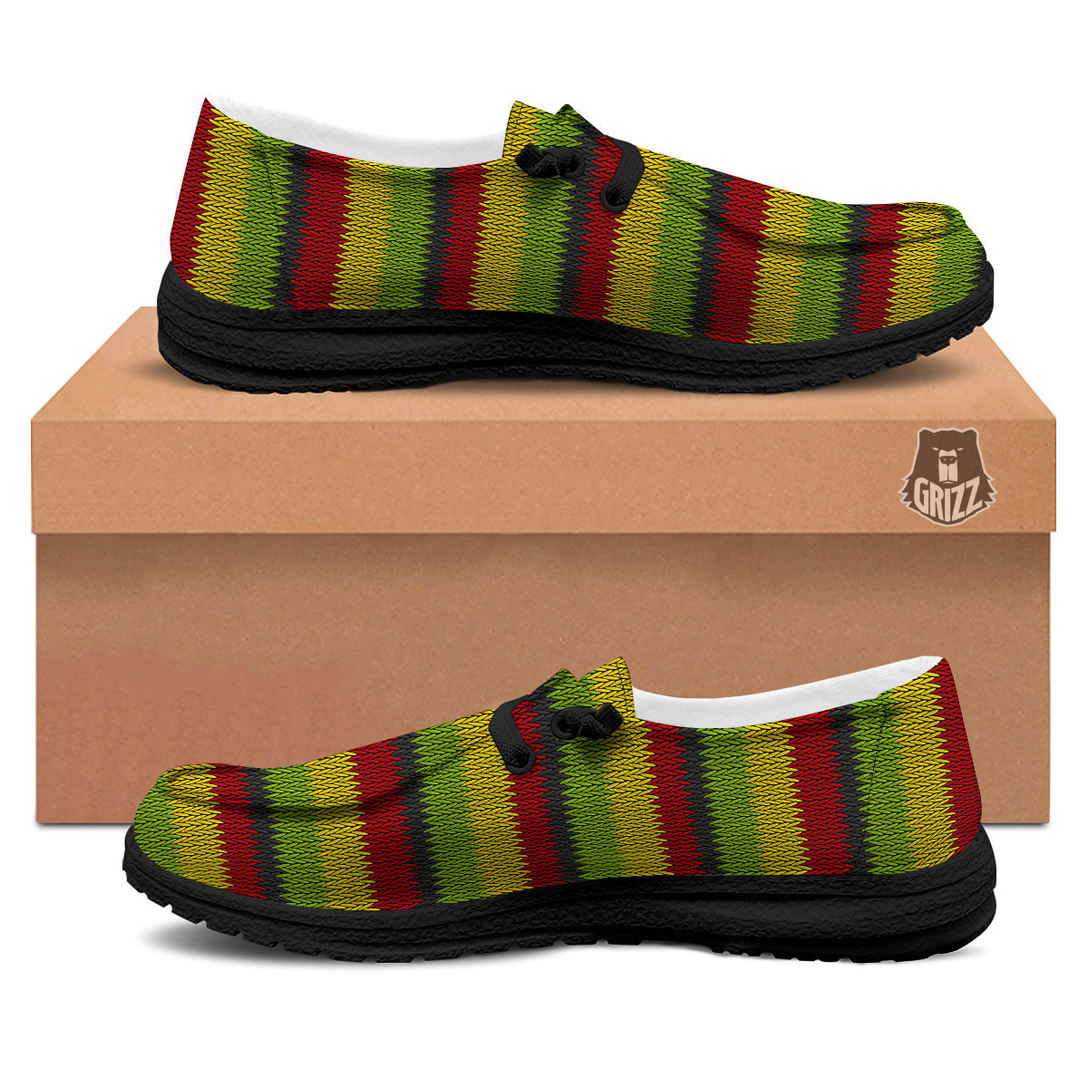 Reggae Knitted Style Print Pattern Black Loafers-grizzshop