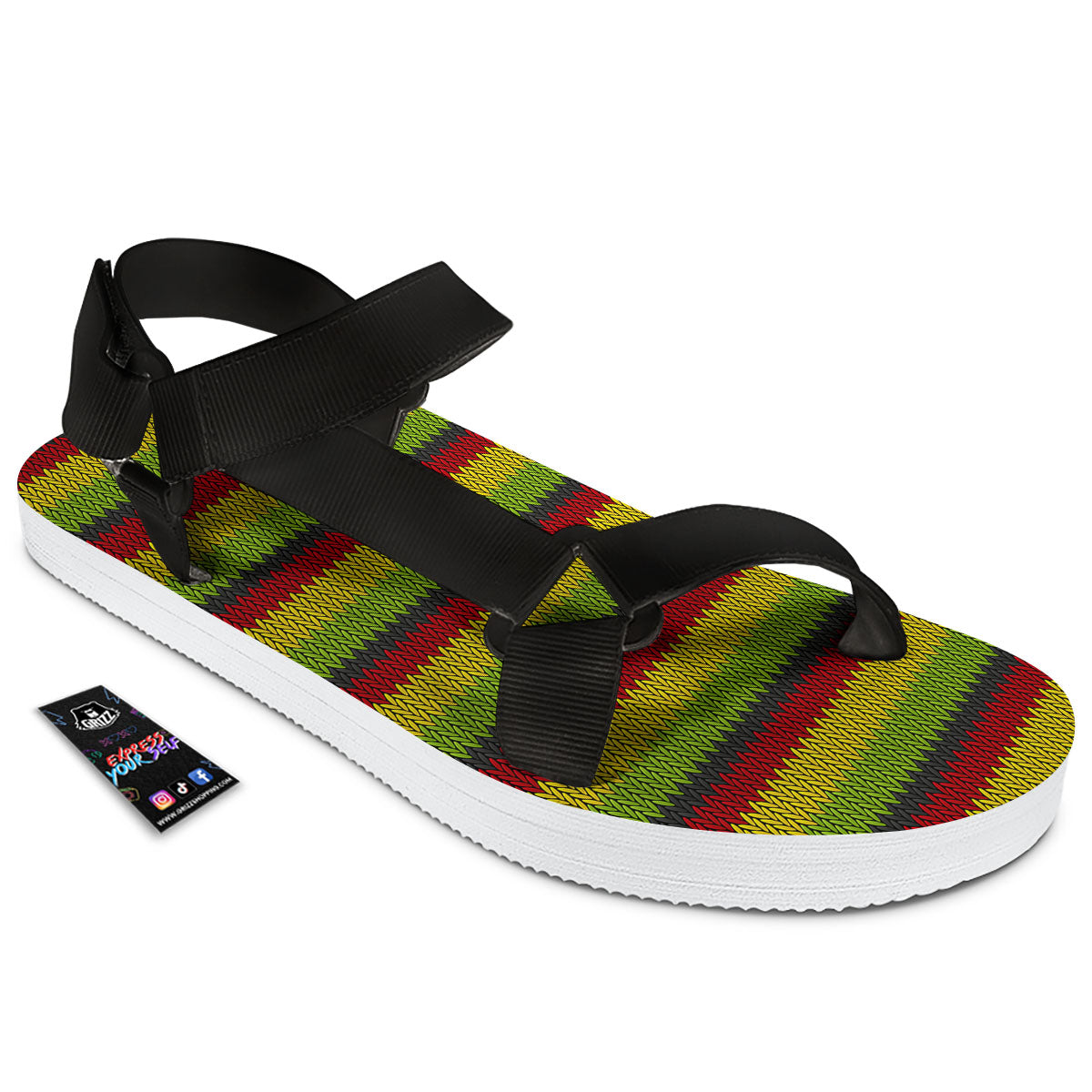 Reggae Knitted Style Print Pattern Black Open Toe Sandals-grizzshop