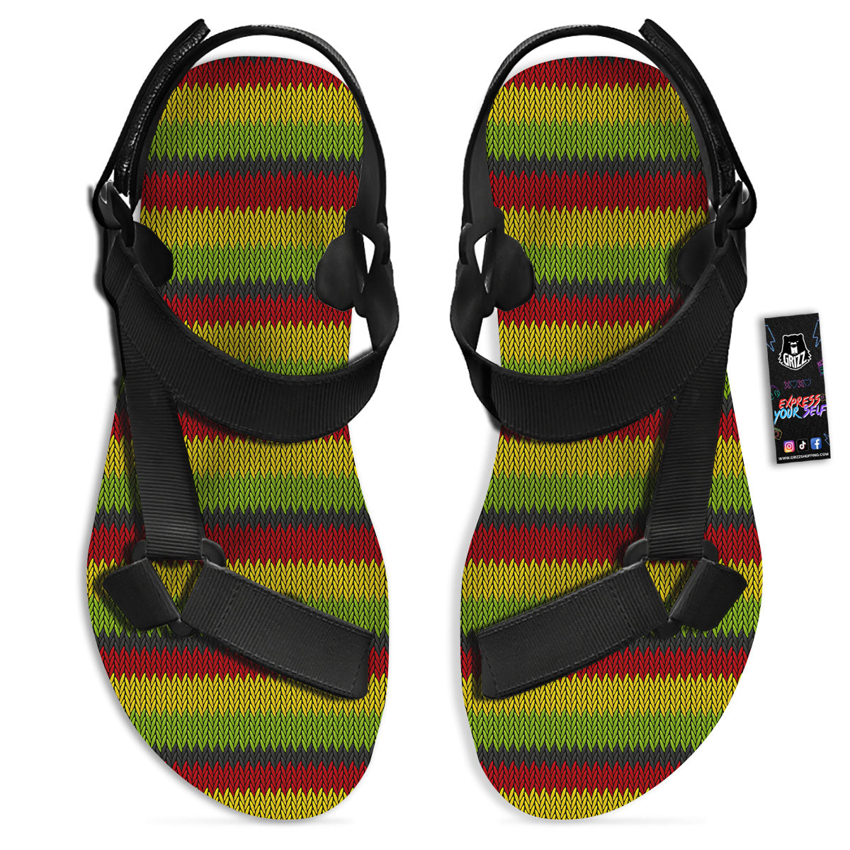 Reggae Knitted Style Print Pattern Black Open Toe Sandals-grizzshop
