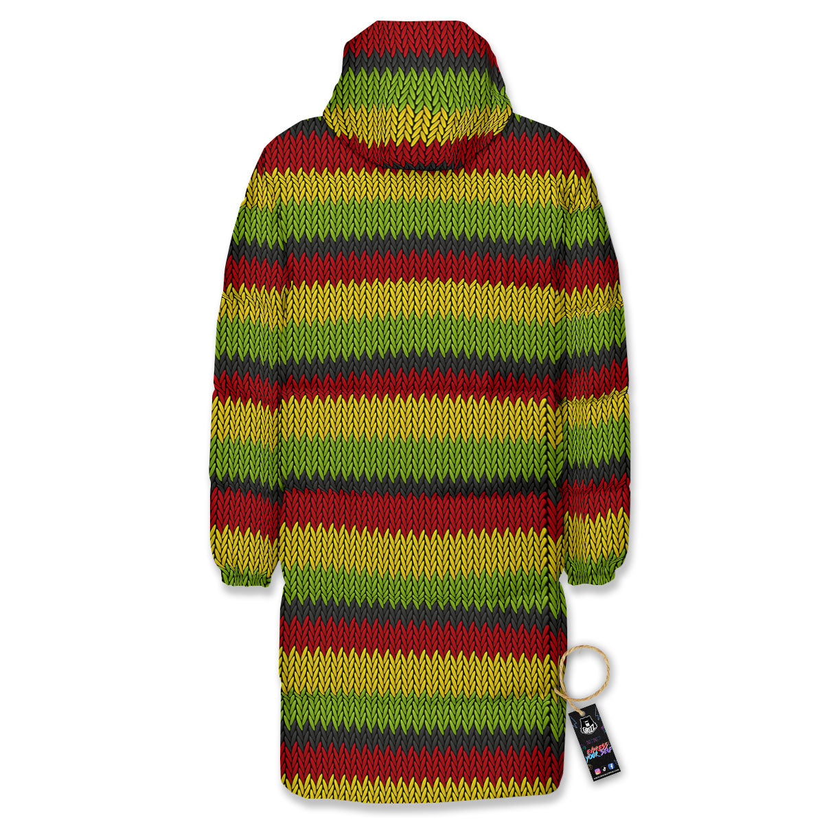 Reggae Knitted Style Print Pattern Long Down Jacket-grizzshop