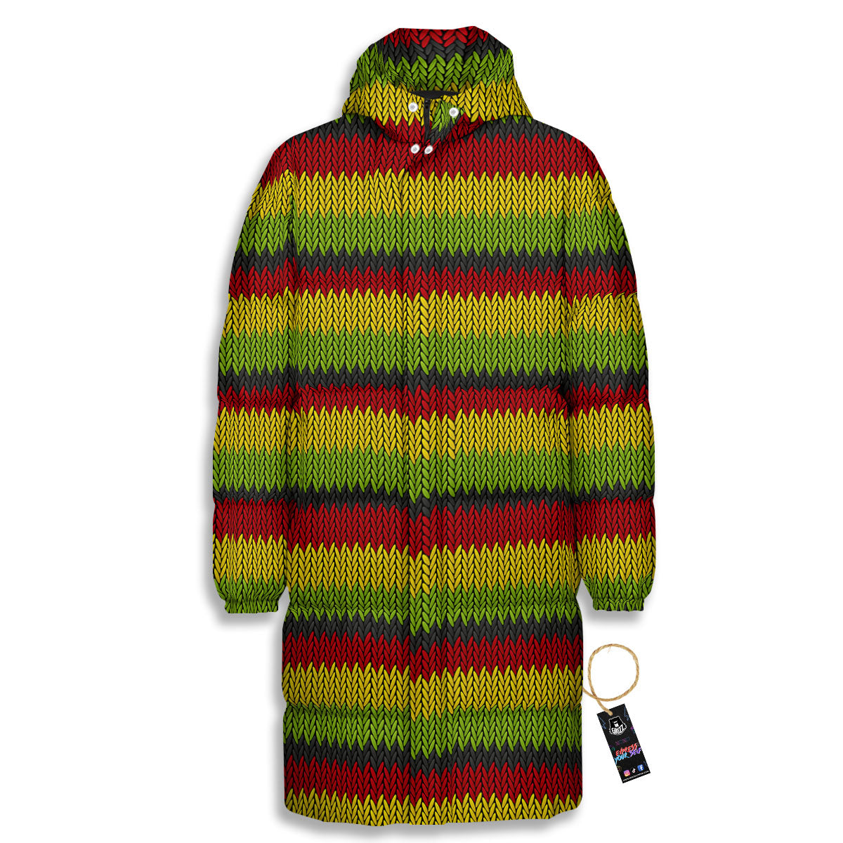 Reggae Knitted Style Print Pattern Long Down Jacket-grizzshop