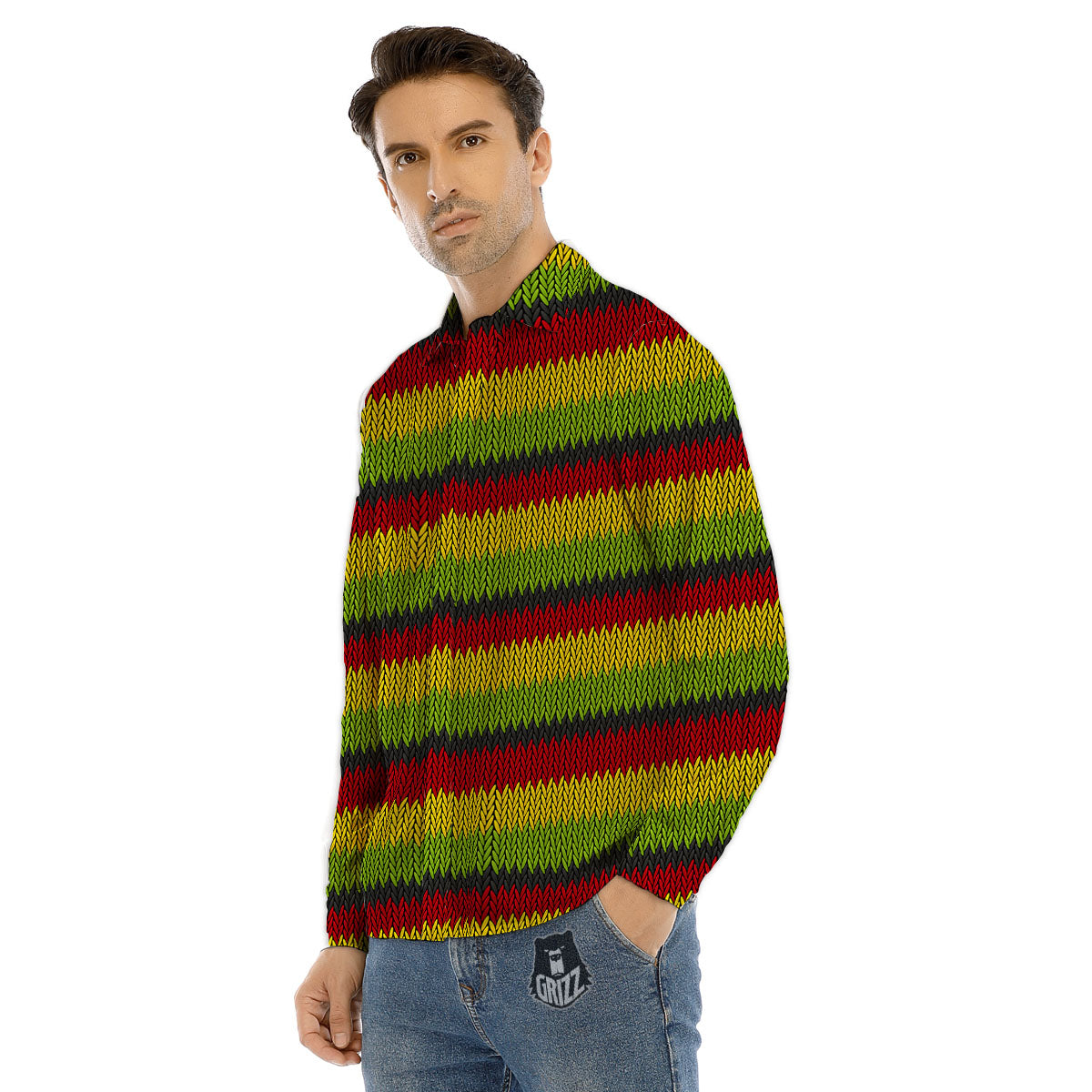Reggae Knitted Style Print Pattern Men's Dress Shirts-grizzshop