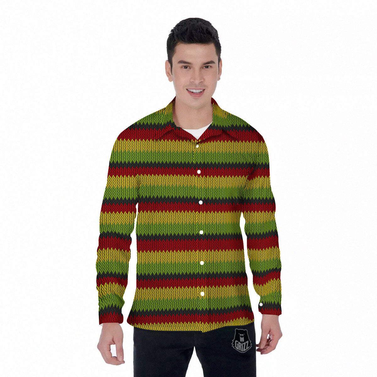 Reggae Knitted Style Print Pattern Men's Long Sleeve Shirts-grizzshop