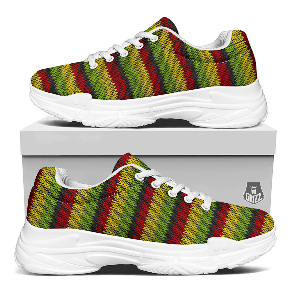 Reggae Knitted Style Print Pattern White Chunky Shoes-grizzshop