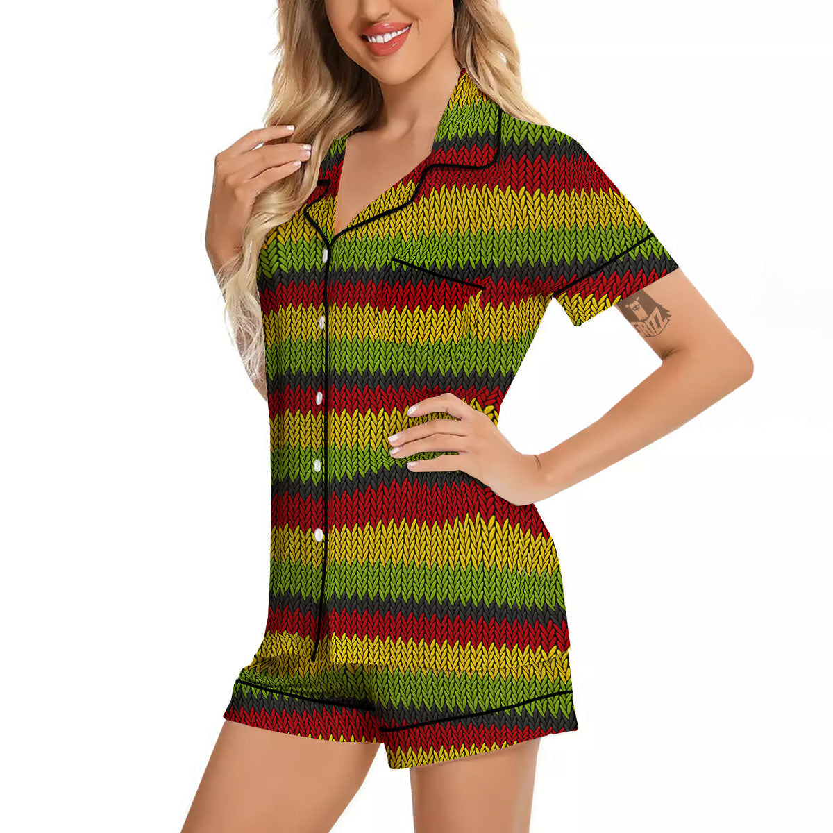 Reggae Knitted Style Print Pattern Women Silk Pajamas-grizzshop