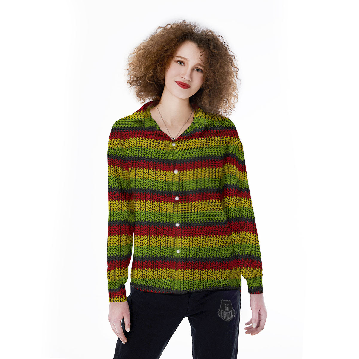 Reggae Knitted Style Print Pattern Women's Long Sleeve Shirts-grizzshop