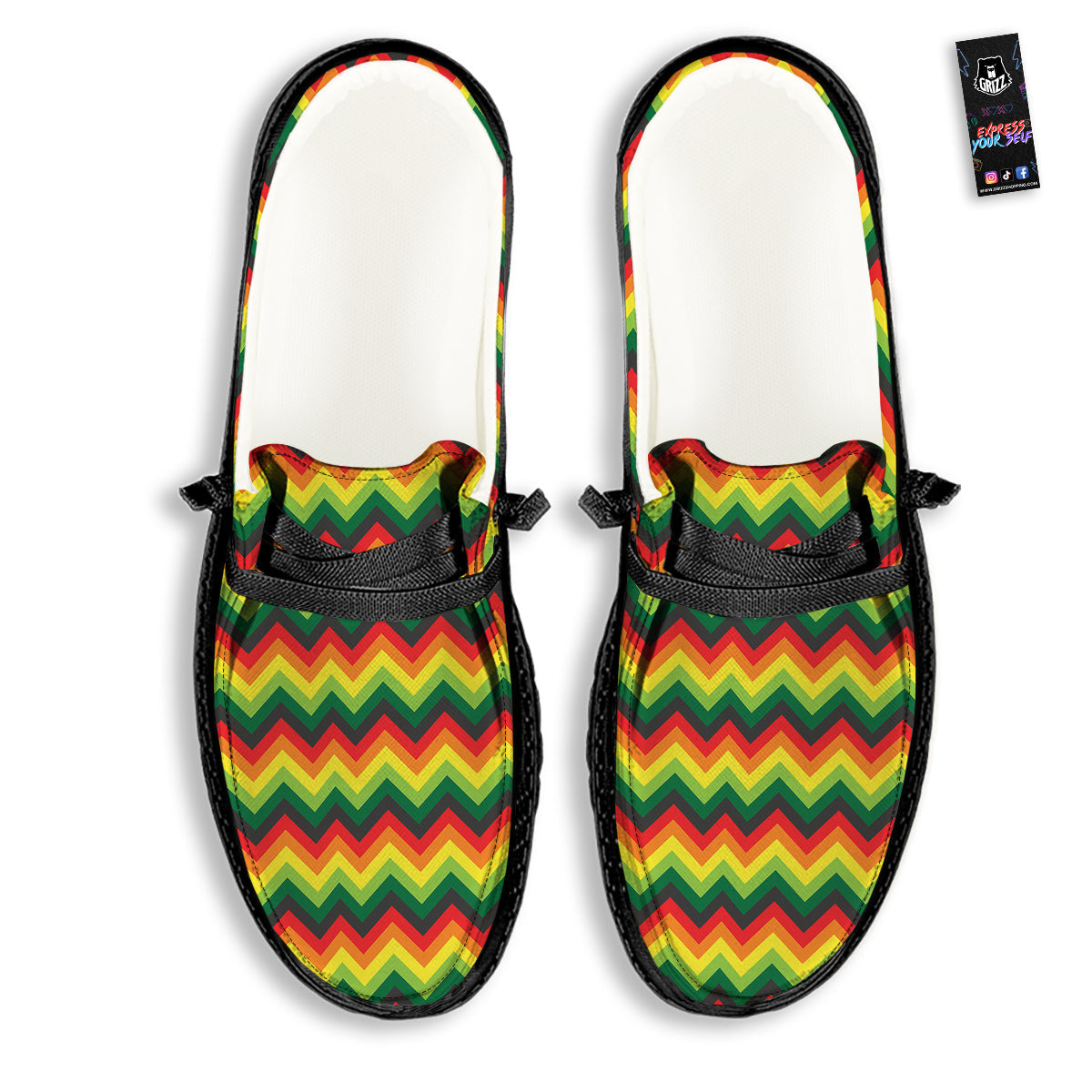 Reggae Zig Zag Print Pattern Black Loafers-grizzshop