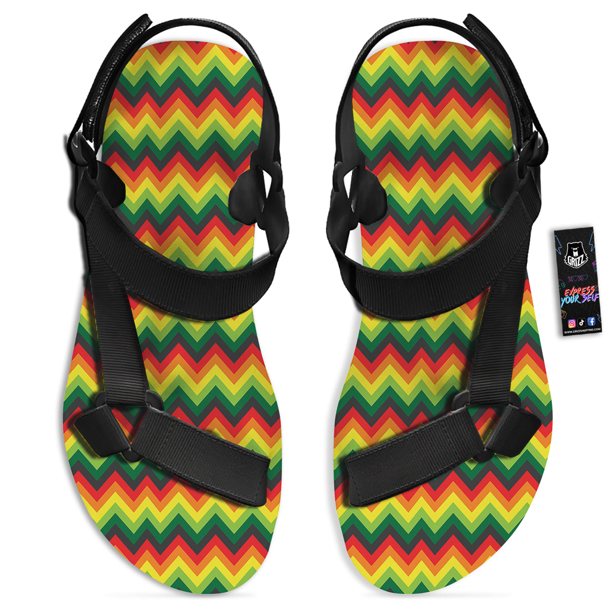 Reggae Zig Zag Print Pattern Black Open Toe Sandals-grizzshop