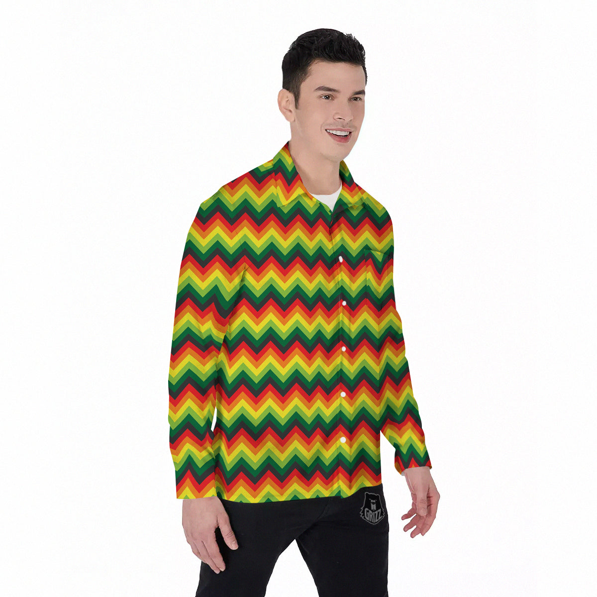 Reggae Zig Zag Print Pattern Men's Long Sleeve Shirts-grizzshop